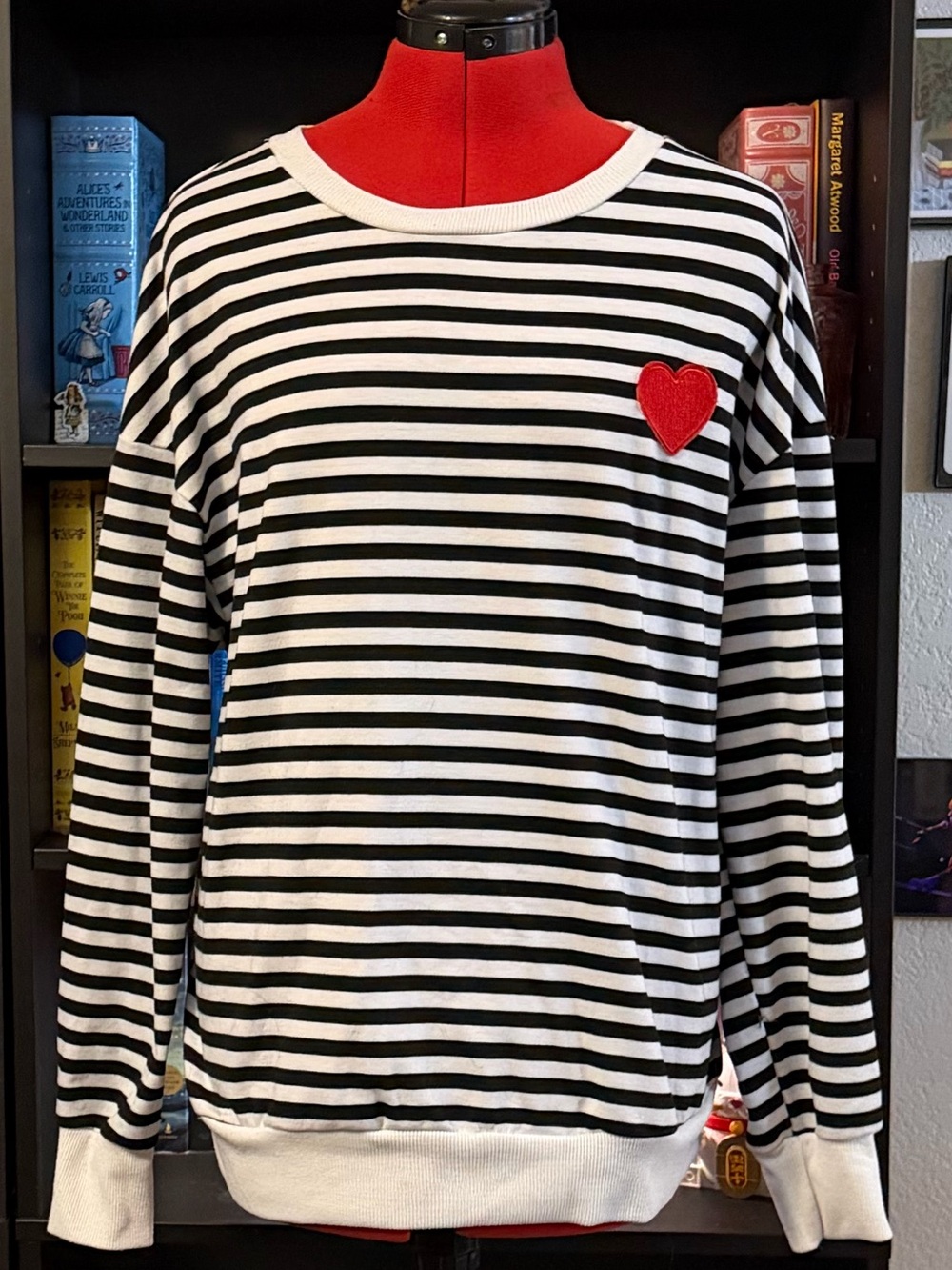 Black & White Striped Women's Sweatshirt with Red Heart Patch